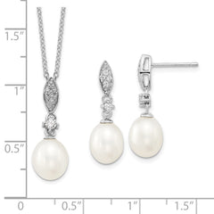 Sterling Silver Rhodium-plated 8-9mm White Teardrop Freshwater Cultured Pearl and CZ 17 inch Necklace and Post Dangle Earrings Set - 2