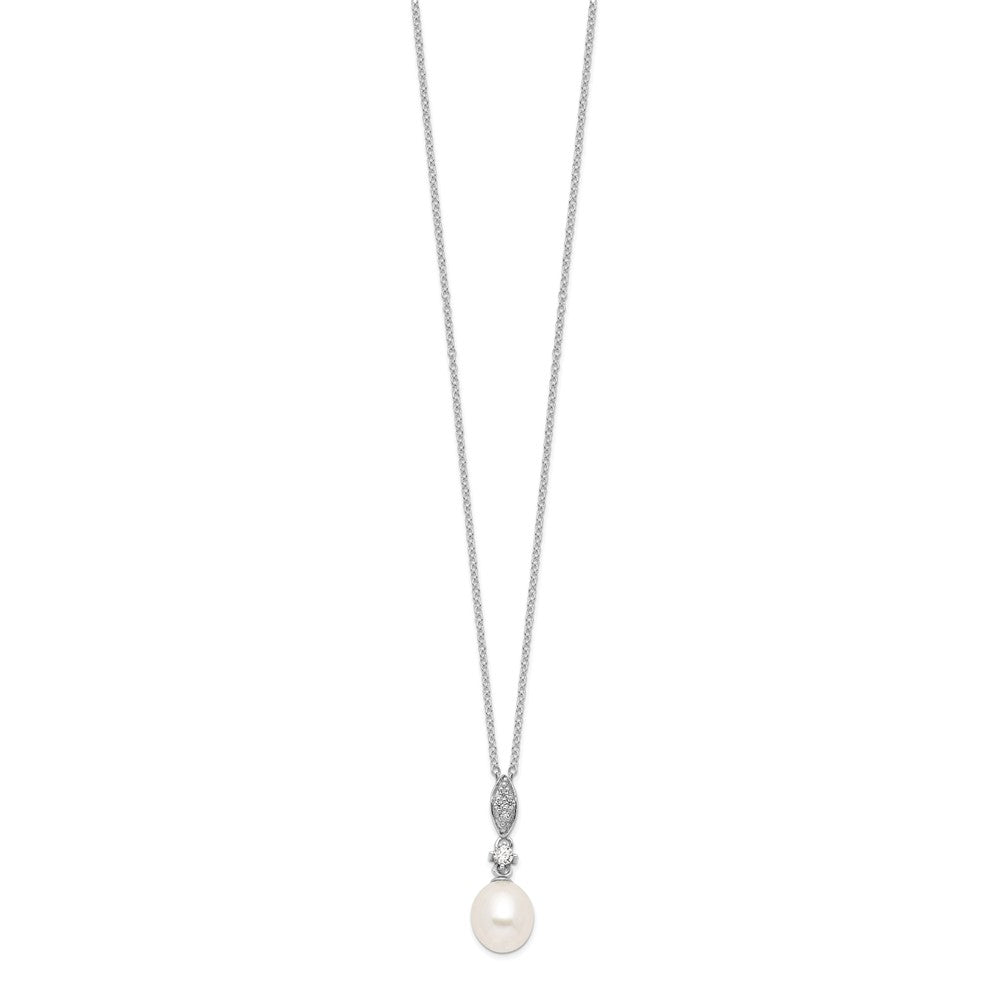 Sterling Silver Rhodium-plated 8-9mm White Teardrop Freshwater Cultured Pearl and CZ 17 inch Necklace and Post Dangle Earrings Set - 2