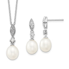 Sterling Silver Rhodium-plated 8-9mm White Teardrop Freshwater Cultured Pearl and CZ 17 inch Necklace and Post Dangle Earrings Set - 2