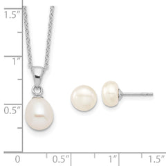 Sterling Silver Rhodium-plated 7-8mm White Teardrop Freshwater Cultured Pearl 17 inch Necklace Button Post Earrings Set