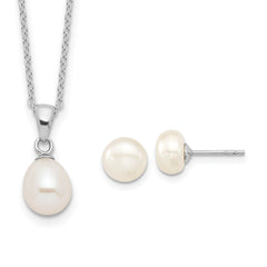 Sterling Silver Rhodium-plated 7-8mm White Teardrop Freshwater Cultured Pearl 17 inch Necklace Button Post Earrings Set