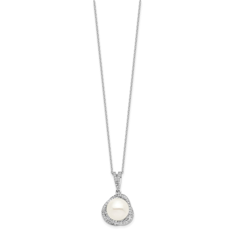 Sterling Silver Rhodium-plated 10-12mm White Button Freshwater Cultured Pearl and CZ 17 inch Necklace and Post Earrings Set