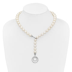 Sterling Silver Rhodium-plated 10-11mm White Near-Round Freshwater Cultured Pearl and CZ Clasp Adjustable 19.5 inch Necklace
