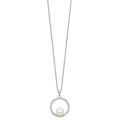 Sterling Silver Rhodium-plated 8-9mm White Button Freshwater Cultured Pearl and CZ 17 inch Necklace
