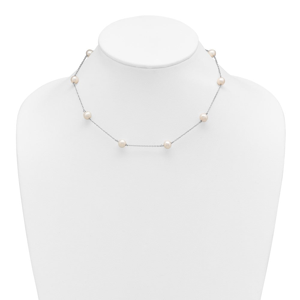 Sterling Silver Rhodium-plated 7-8mm White Near-Round Freshwater Cultured Pearl 9-Station 16 inch Necklace