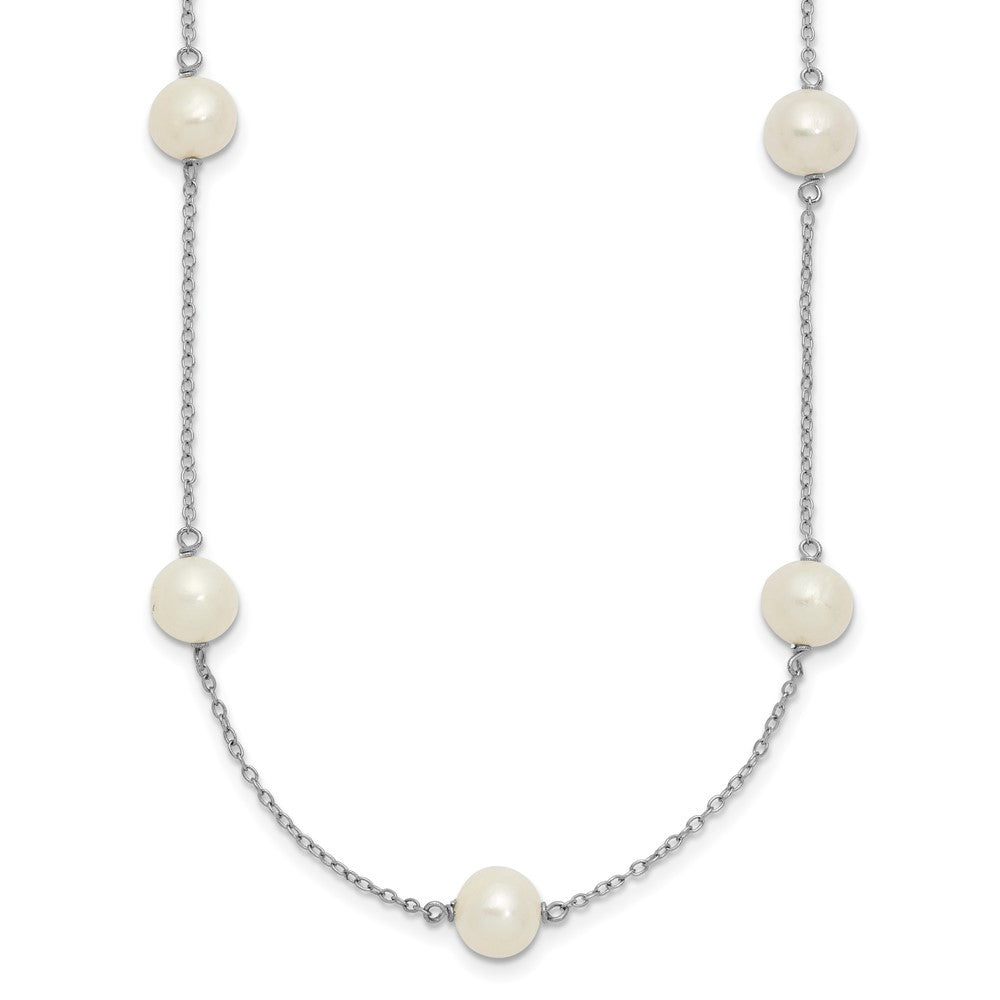 Sterling Silver Rhodium-plated 7-8mm White Near-Round Freshwater Cultured Pearl 9-Stations18 inch Necklace