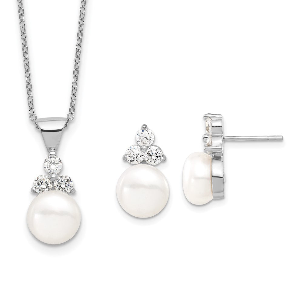 Sterling Silver Rhodium-plated 9-10mm White Button Freshwater Cultured Pearl and CZ 17 inch and Post Earrings Set