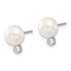 Sterling Silver Rhodium-plated 8-9mm White Button Freshwater Cultured Pearl and CZ 17 inch Necklace and Post Earrings Set