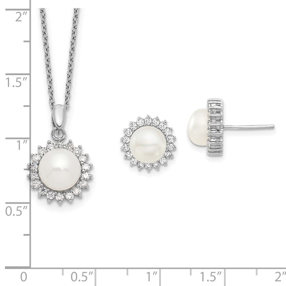 Sterling Silver Rhodium-plated 8-9mm White Button Freshwater Cultured Pearl and CZ 17 inch Necklace and Post Earrings Set - 2