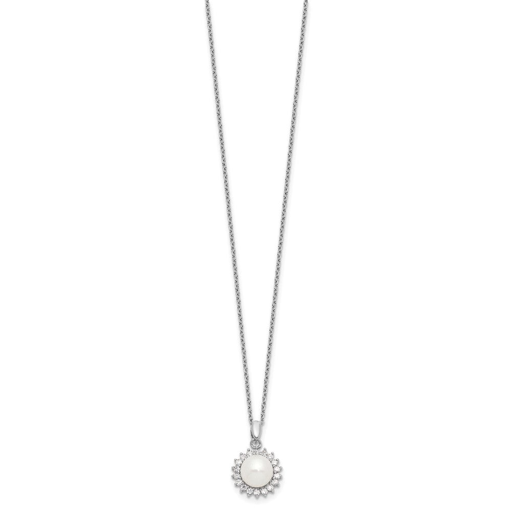 Sterling Silver Rhodium-plated 8-9mm White Button Freshwater Cultured Pearl and CZ 17 inch Necklace and Post Earrings Set - 2