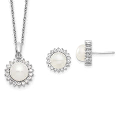 Sterling Silver Rhodium-plated 8-9mm White Button Freshwater Cultured Pearl and CZ 17 inch Necklace and Post Earrings Set - 2