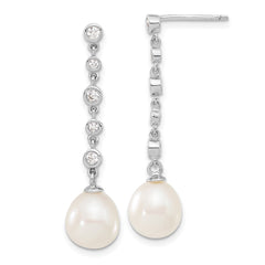 Sterling Silver Rhodium-plated 8-9mm White Teardrop Freshwater Cultured Pearl and CZ 17 inch Necklace and Post Dangle Earrings Set
