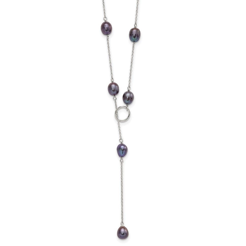Sterling Silver Rhodium-plated 7-8mm Black Teardrop Freshwater Cultured Pearl 13-Station Adjustable Drop Toggle 19 inch Necklace
