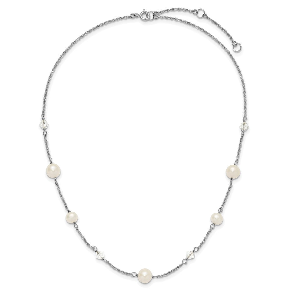 Sterling Silver Rhodium-plated 6-10mm White Near-Round Freshwater Cultured Pearl and Glass 5-Station 17.5 inch with 2.5 inch Extension Necklace