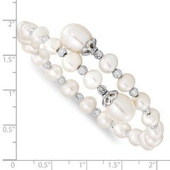 Sterling Silver Rhodium-plated Diamond Cut Beads and 6-9mm White Freshwater Cultured Pearl Wrap Bracelet