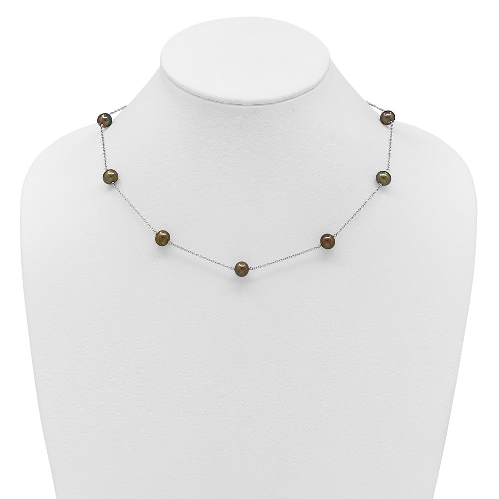 Sterling Silver Rhodium-plated 7-8mm Black Semi-Round Freshwater Cultured Pearl 9-Station 18 inch Necklace