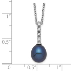 Sterling Silver Rhodium-plated 7-8mm Black Teardrop Freshwater Cultured Pearl and CZ 17 inch Necklace