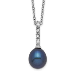 Sterling Silver Rhodium-plated 7-8mm Black Teardrop Freshwater Cultured Pearl and CZ 17 inch Necklace