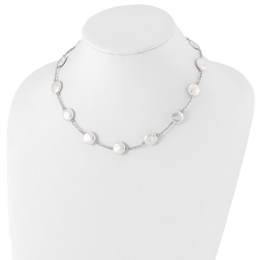 Sterling Silver Rhodium-plated 12-13mm White Coin Freshwater Cultured Pearl 13-station 18 inch Necklace