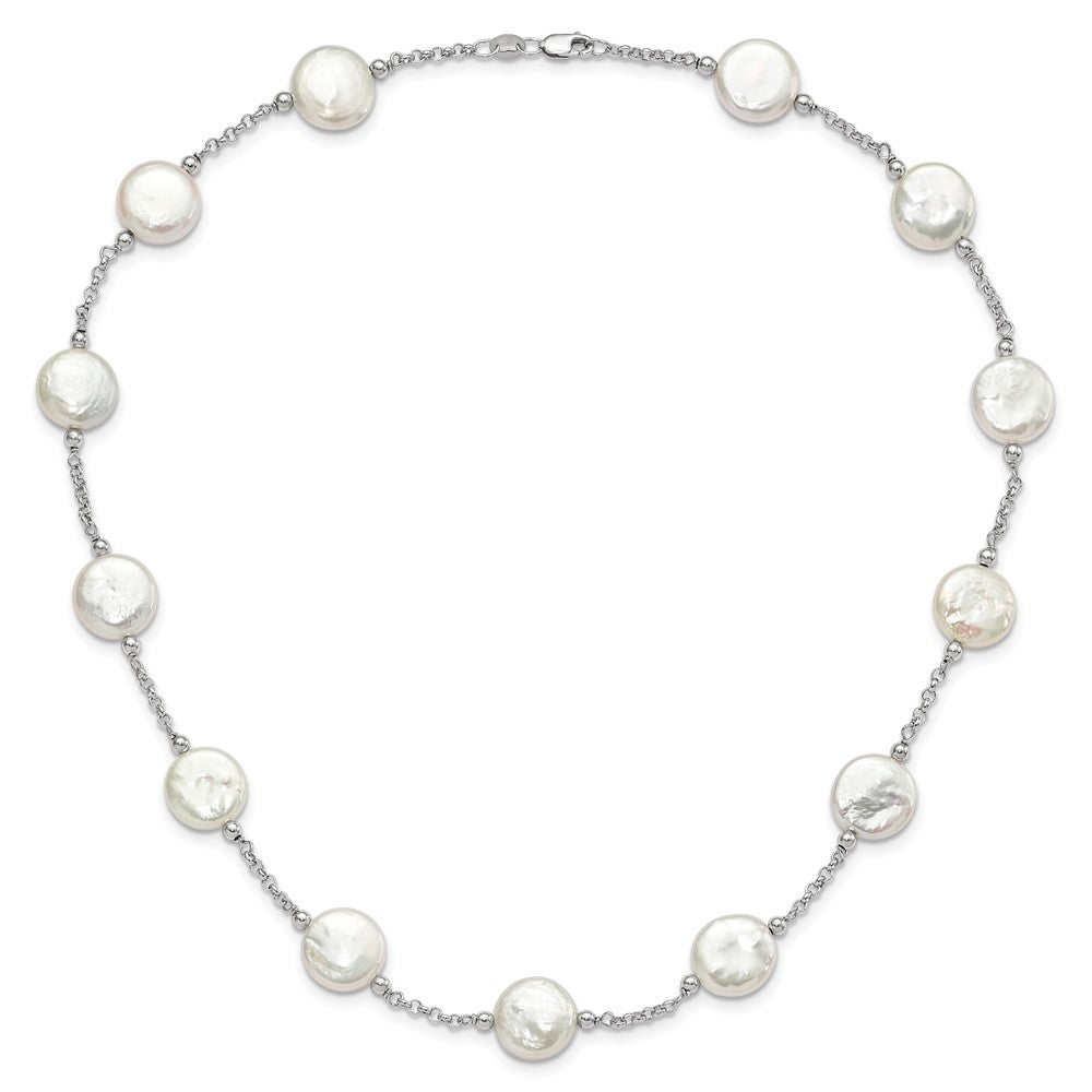 Sterling Silver Rhodium-plated 12-13mm White Coin Freshwater Cultured Pearl 13-station 18 inch Necklace
