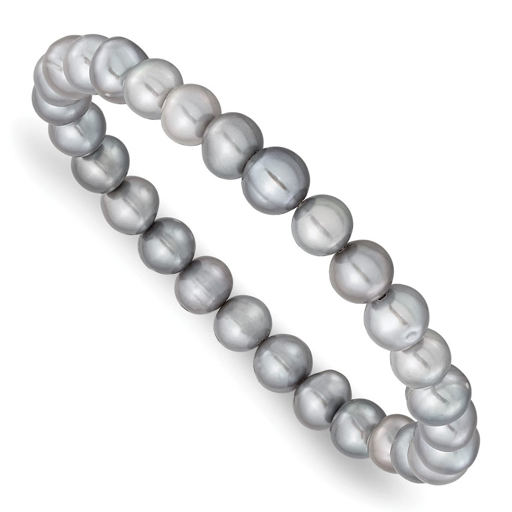 Sterling Silver Rhodium-plated 7-8mm Grey Near-Round Freshwater Cultured Pearl 18 inch Necklace, Stretch Bracelet and Button Post Earrings Set