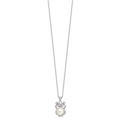 Sterling Silver Rhodium-plated 8-9mm White Button Freshwater Cultured Pearl and CZ Owl 17 inch Necklace