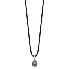 Sterling Silver Rhodium-plated 9-10mm Black Teardrop Tahitian Saltwater Cultured Pearl 18 inch Black Silicone Necklace