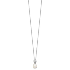 Sterling Silver Rhodium-plated 7-8mm White Rice Freshwater Cultured Pearl and CZ 17 inch Necklace