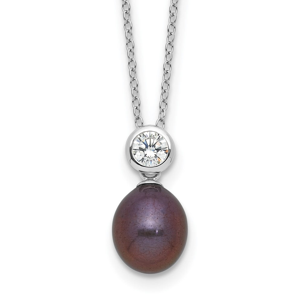 Sterling Silver Rhodium-plated 7-8mm Black Rice Freshwater Cultured Pearl and CZ 17 inch Necklace