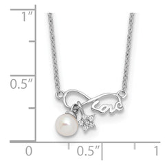 Sterling Silver RH-plated CZ 4mm FWC Pearl LOVE Infinity w/2in ext Necklace