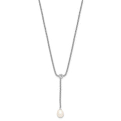 Sterling Silver Rhodium-plated 8-9mm Teardrop Freshwater Cultured Pearl and CZ Drop Dangle 18 inch Necklace