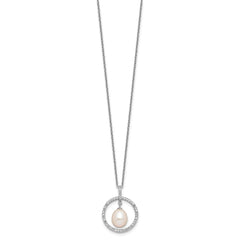 Sterling Silver Rhodium-plated 8-9mm White Teardrop Freshwater Cultured Pearl and CZ Circle 17 inch Necklace