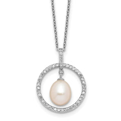 Sterling Silver Rhodium-plated 8-9mm White Teardrop Freshwater Cultured Pearl and CZ Circle 17 inch Necklace