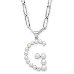 Sterling Silver Rhodium-plated 3-5.5mm White Button Freshwater Cultured Pearl LETTER G 18 inch Necklace