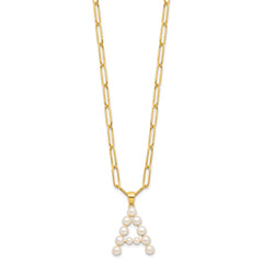 Sterling Silver Gold-plated 3-5.5mm White Button Freshwater Cultured Pearl LETTER A 18 inch Necklace
