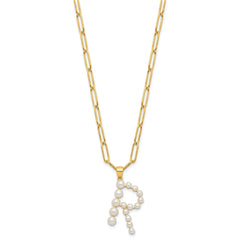 Sterling Silver Gold-plated 3-5.5mm White Button Freshwater Cultured Pearl LETTER R 18 inch Necklace
