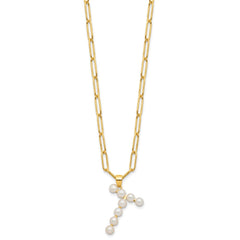 Sterling Silver Gold-plated 3-5.5mm White Button Freshwater Cultured Pearl LETTER T 18 inch Necklace