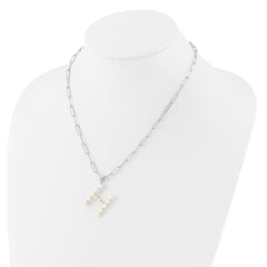 Sterling Silver Rhodium-plated 3-5.5mm White Button Freshwater Cultured Pearl LETTER H 18 inch Necklace