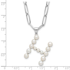 Sterling Silver Rhodium-plated 3-5.5mm White Button Freshwater Cultured Pearl LETTER H 18 inch Necklace
