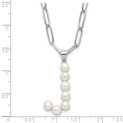 Sterling Silver Rhodium-plated 3-5.5mm White Button Freshwater Cultured Pearl LETTER J 18 inch Necklace