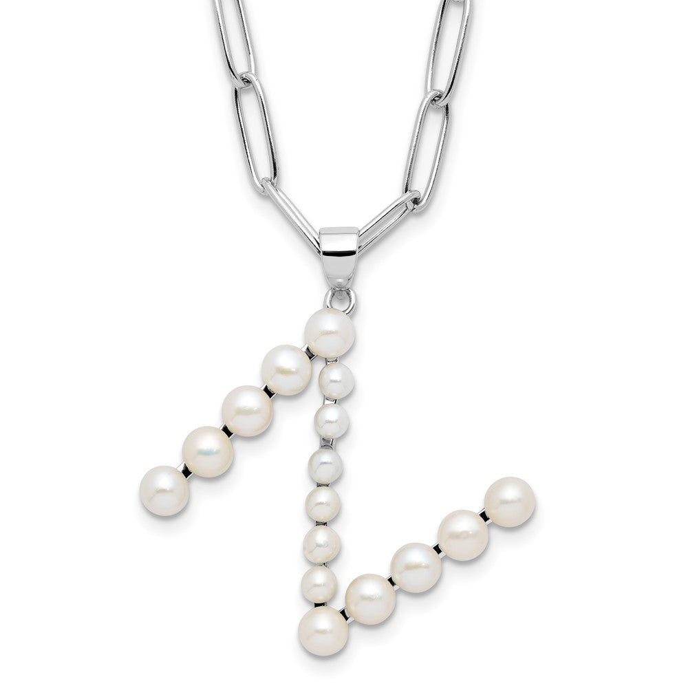 Sterling Silver Rhodium-plated 3-5.5mm White Button Freshwater Cultured Pearl LETTER N 18 inch Necklace