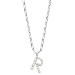 Sterling Silver Rhodium-plated 3-5.5mm White Button Freshwater Cultured Pearl LETTER R 18 inch Necklace