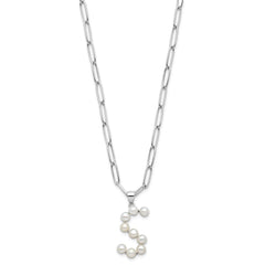 Sterling Silver Rhodium-plated 3-5.5mm White Button Freshwater Cultured Pearl LETTER S 18 inch Necklace
