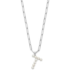 Sterling Silver Rhodium-plated 3-5.5mm White Button Freshwater Cultured Pearl LETTER T 18 inch Necklace