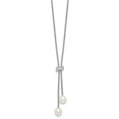 Sterling Silver Rhodium-plated 8-10mm White Teardrop Freshwater Cultured Pearl and CZ 18 inch with 2 inch Extension Necklace and Post Dangle Earrings Set