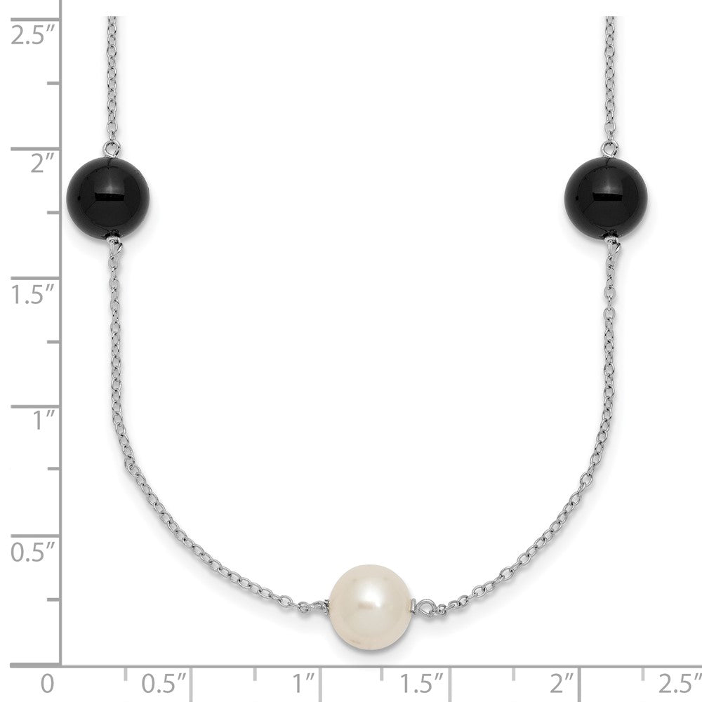 Sterling Silver Rhodium-plated 8-9mm Round White Freshwater Cultured Pearl and Onyx 7-Station 18 inch Necklace