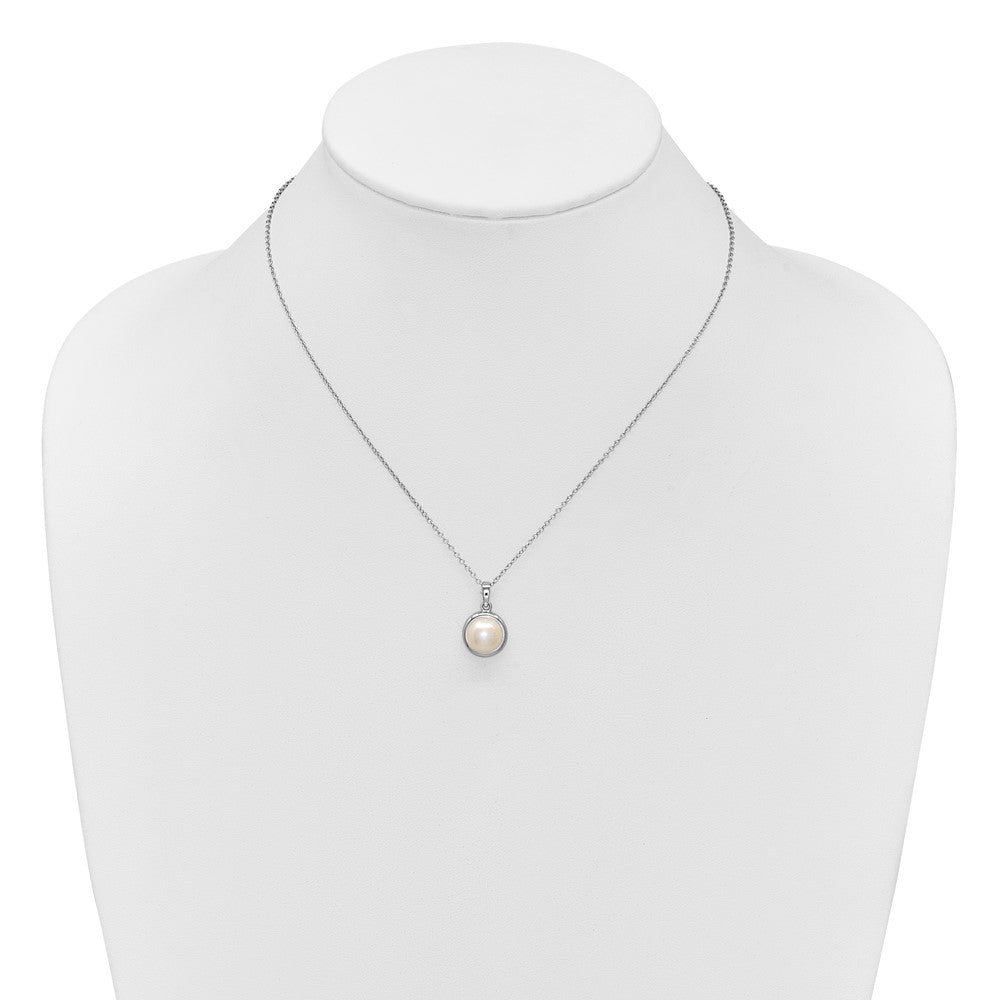 Sterling Silver Rhodium-plated 8-10mm Button White Freshwater Cultured Pearl 17 inch Necklace and Omega Back Earring Set