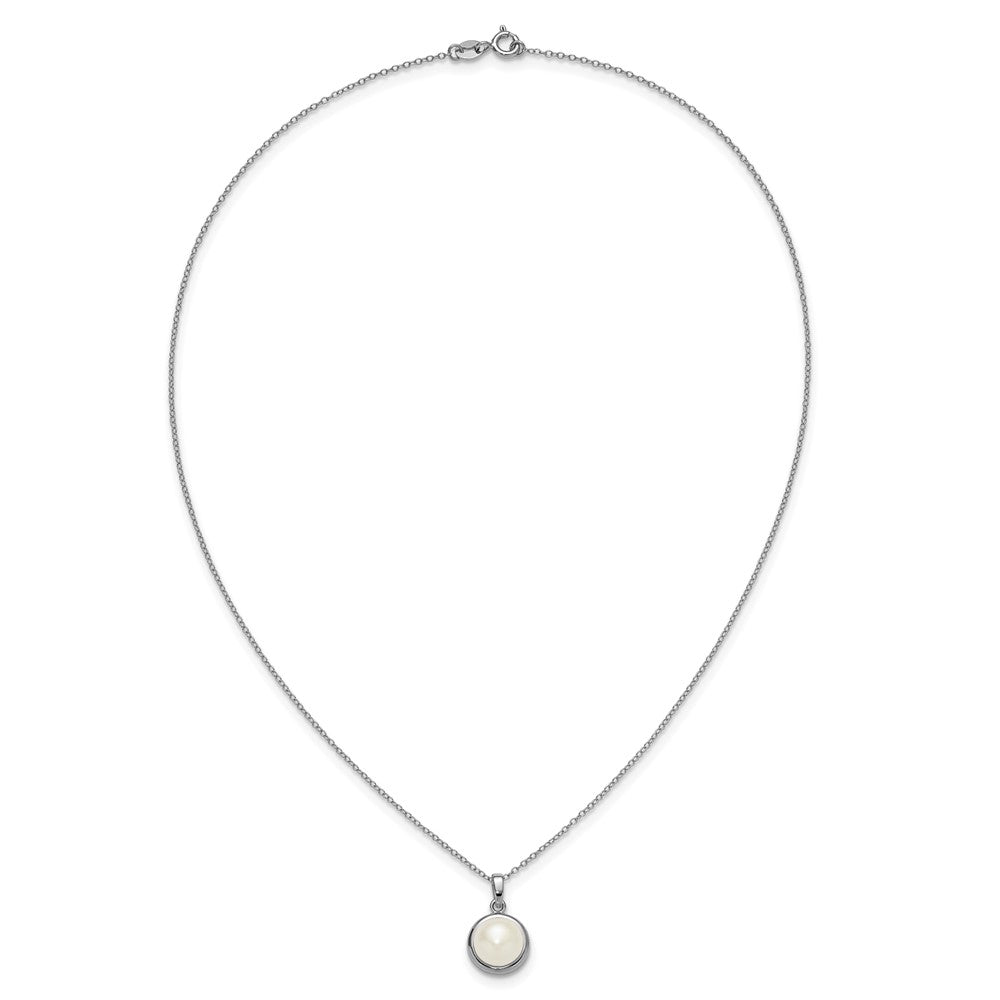 Sterling Silver Rhodium-plated 8-10mm Button White Freshwater Cultured Pearl 17 inch Necklace and Omega Back Earring Set