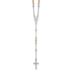 Sterling Silver Rhodium-plated Diamond-cut Tri-color Gold-plated 18.5 inch with 1 inch extender Rosary Necklace