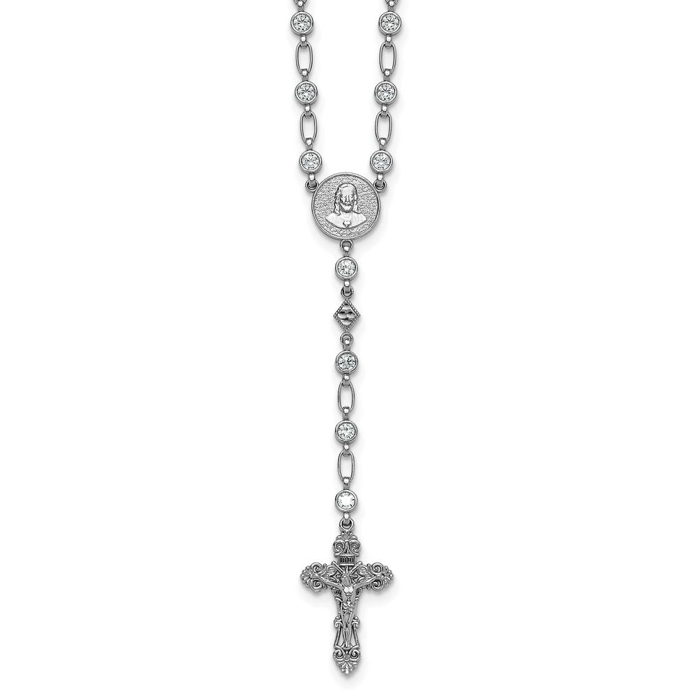Sterling Silver Rhodium-plated Polished Round CZ 25.25 inch Rosary Necklace